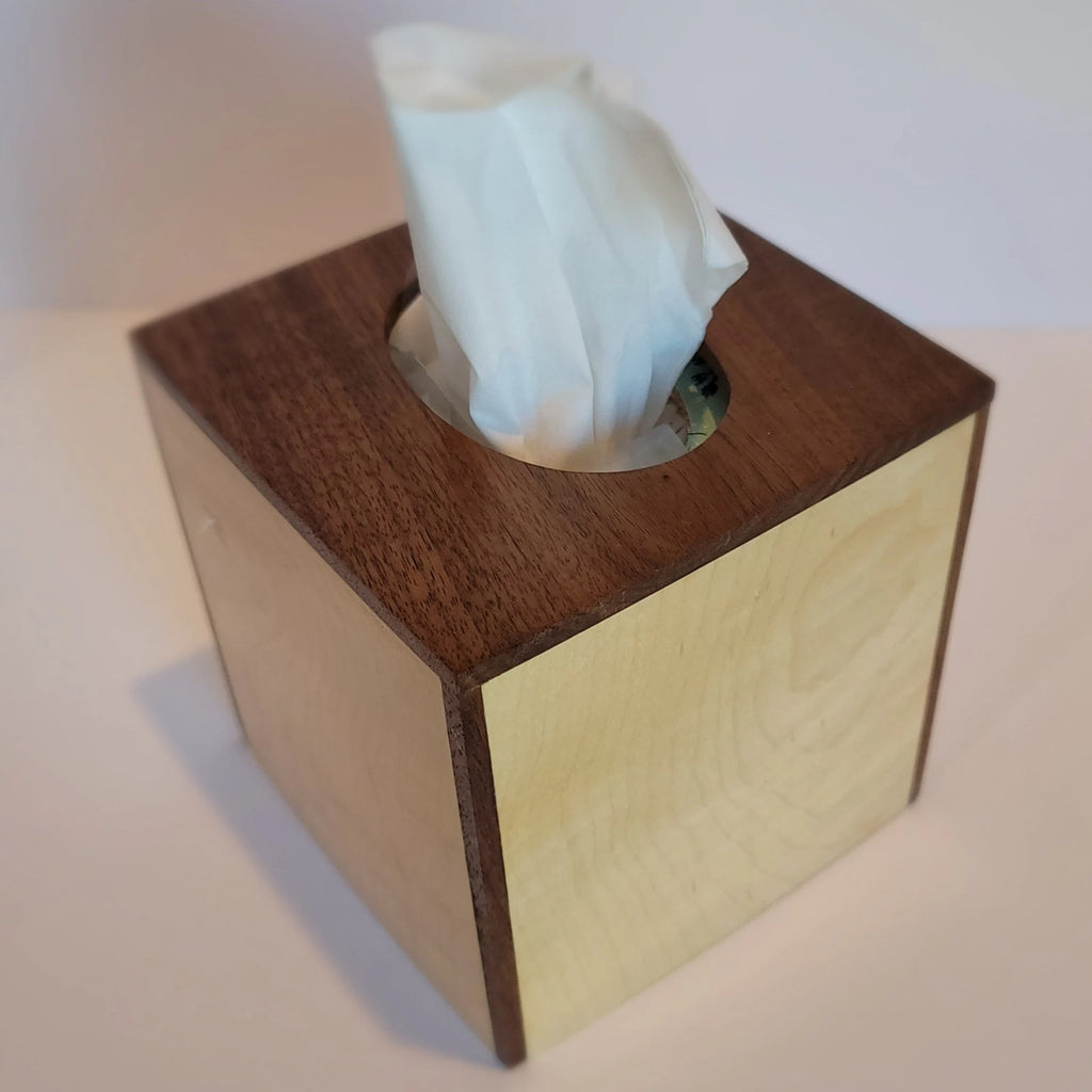 Handmade Tissue Box Cover from solid Curly Maple and Walnut