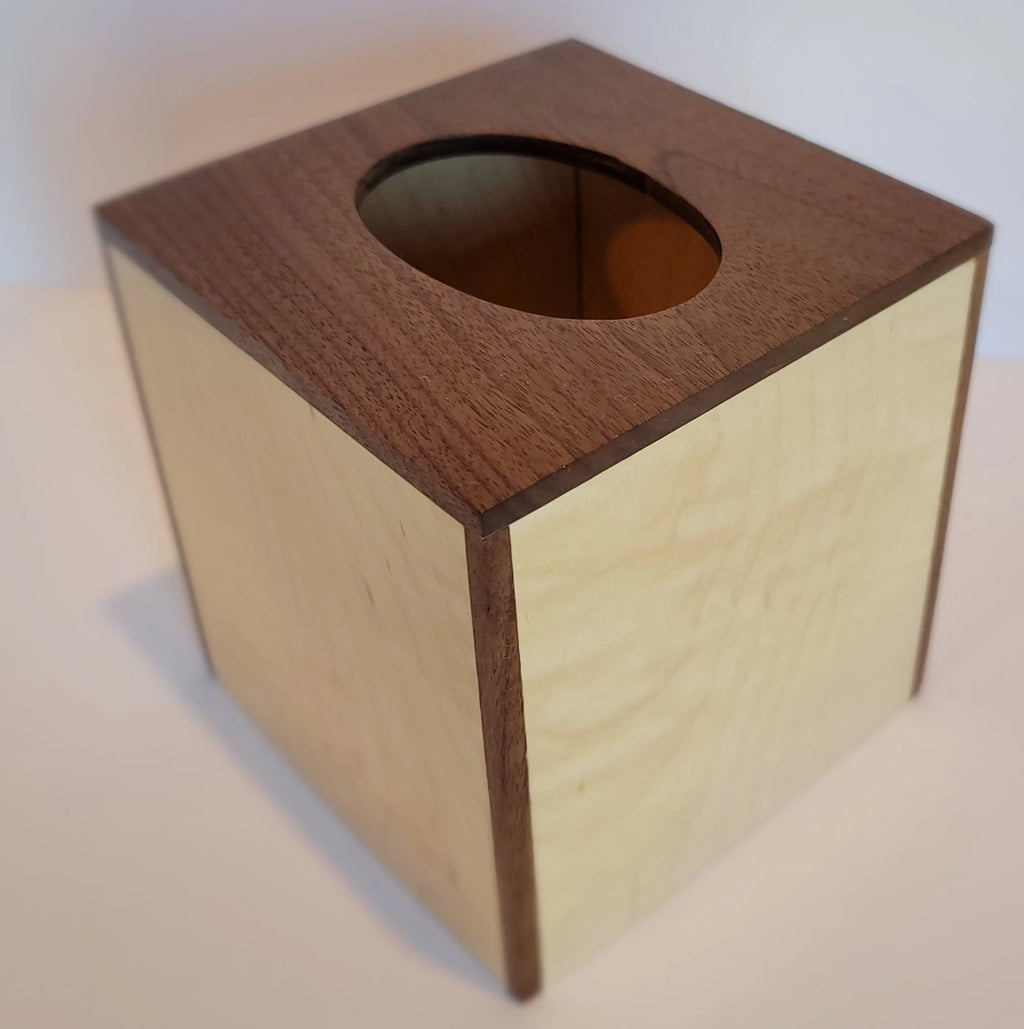 Handmade Tissue Box Cover from solid Curly Maple and Walnut